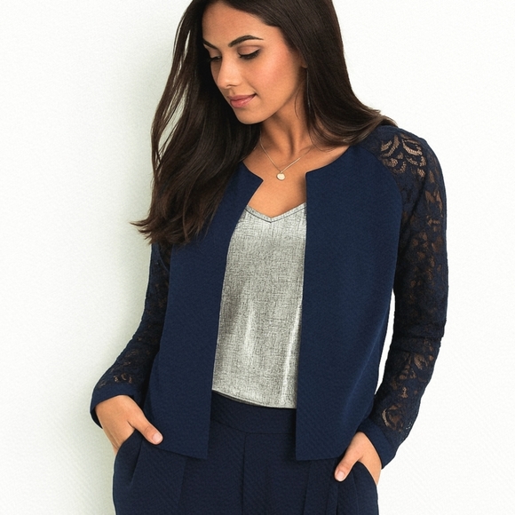 Navy Blue Lace Sleeve Blazer Romantic Officewear Feminine Chic Sz 44 EU/US L - Picture 2 of 10